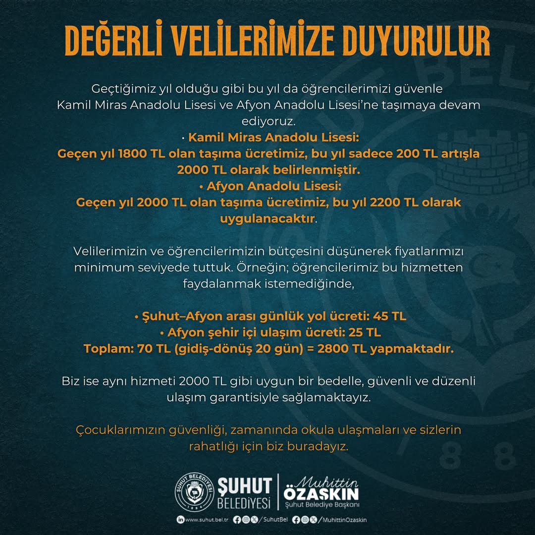Afyonkarahisar Şuhut Belediyesi'nden Velilere Önemli Duyuru