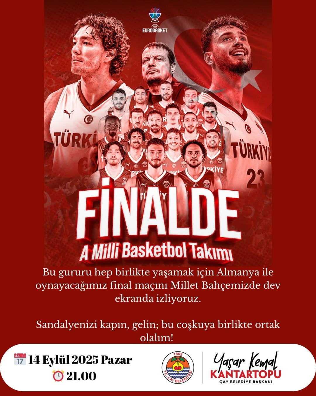 Türkiye A Milli Basketbol Takımı Final Maçı Çay'da Dev Ekrandan İzlenecek