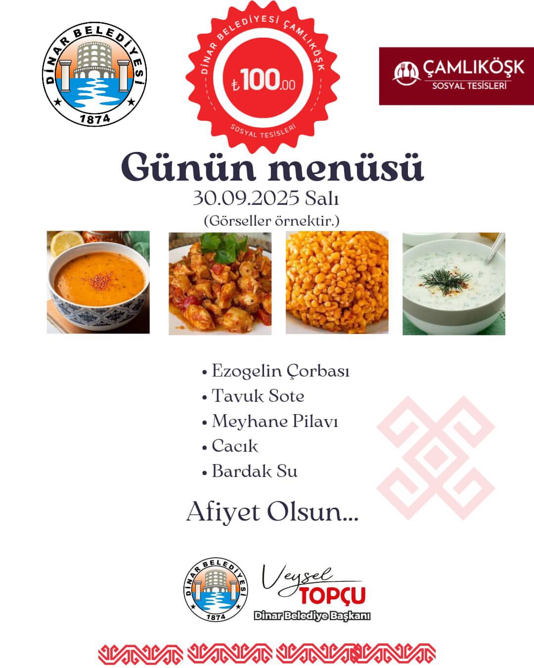 Dinar Belediyesi Çamlıköşk Sosyal Tesisleri'nde Ekonomik ve Lezzetli Menü